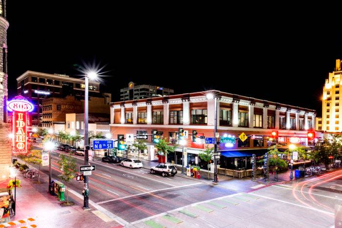 Downtown Boise at night.
