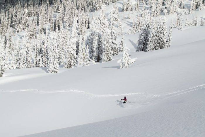 Backcountry skier at Brundage in untouched powder.