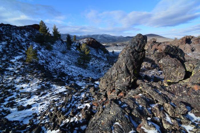 Snow covering jagged rocks