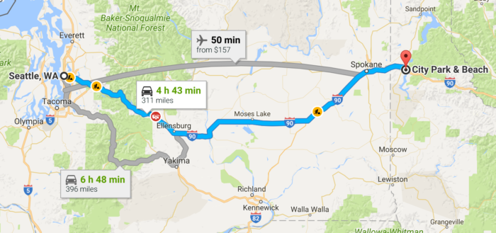 Map from Seattle to North Idaho.