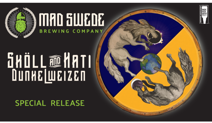 Graphic Beer Label with two wolves chasing each other around the moon.