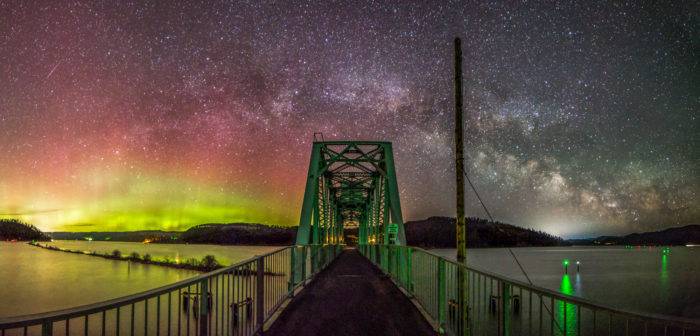 northern lights with bridge in foreground