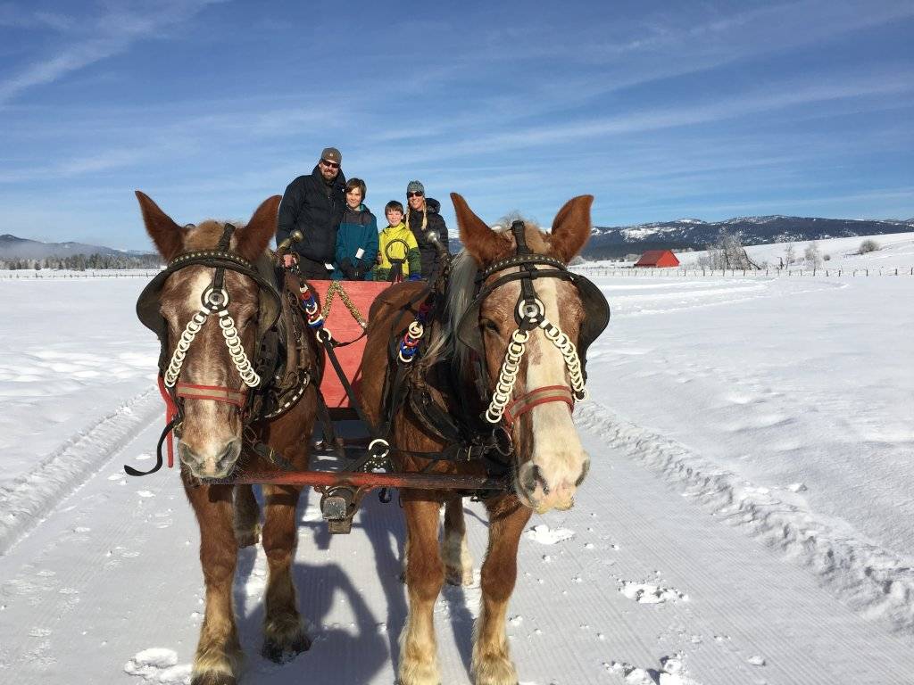 family on horse drawn sleigh at McCall activity barn