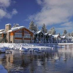 Exterior of the Shore Lodge in McCall during winter.