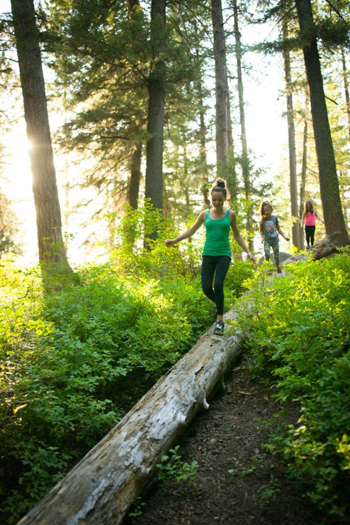 Kids walking on a log in a forest