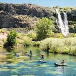 People paddleboarding and kayak near a waterfall at Ritter Island in Thousand Springs State Park.