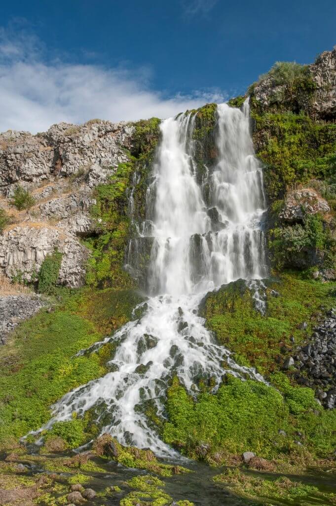 Water cascades over moss-covered rocks at Thousand Springs State Park.