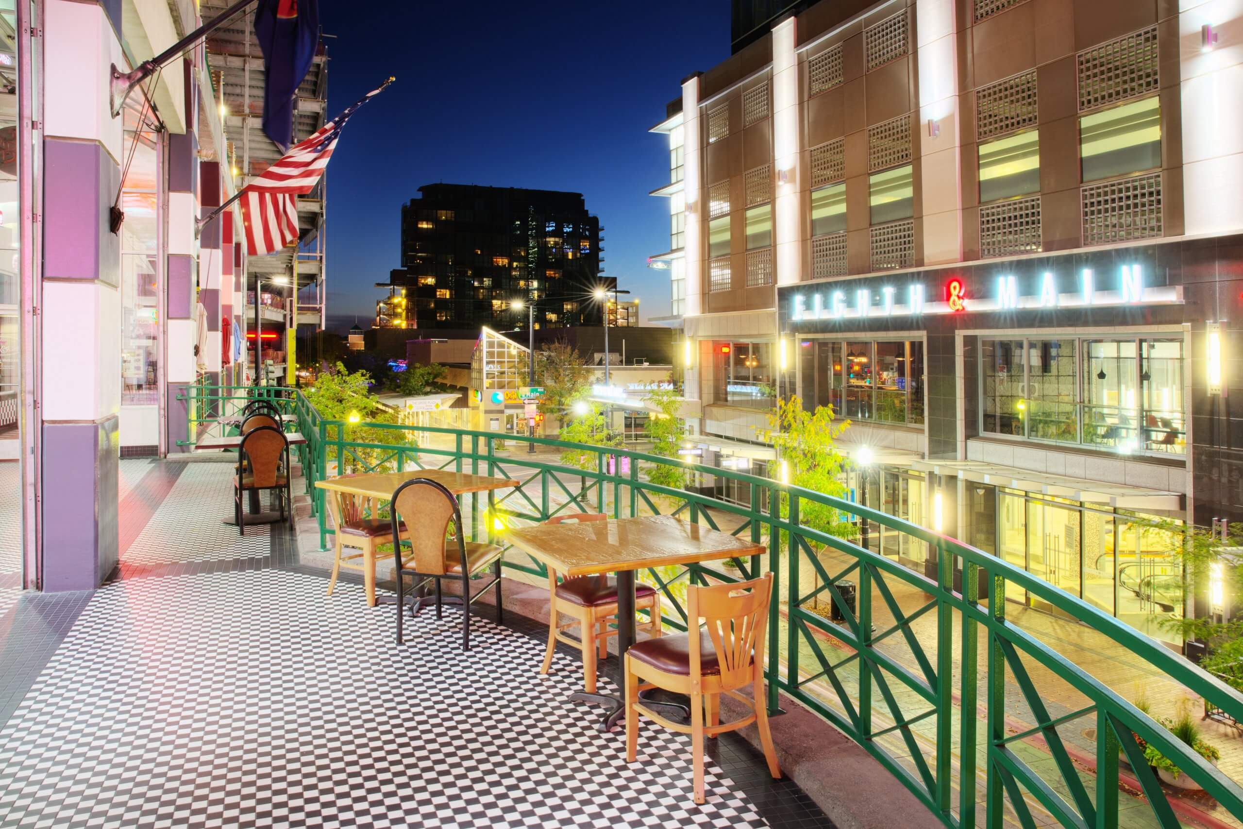 Downtown Boise at night from a balcony.