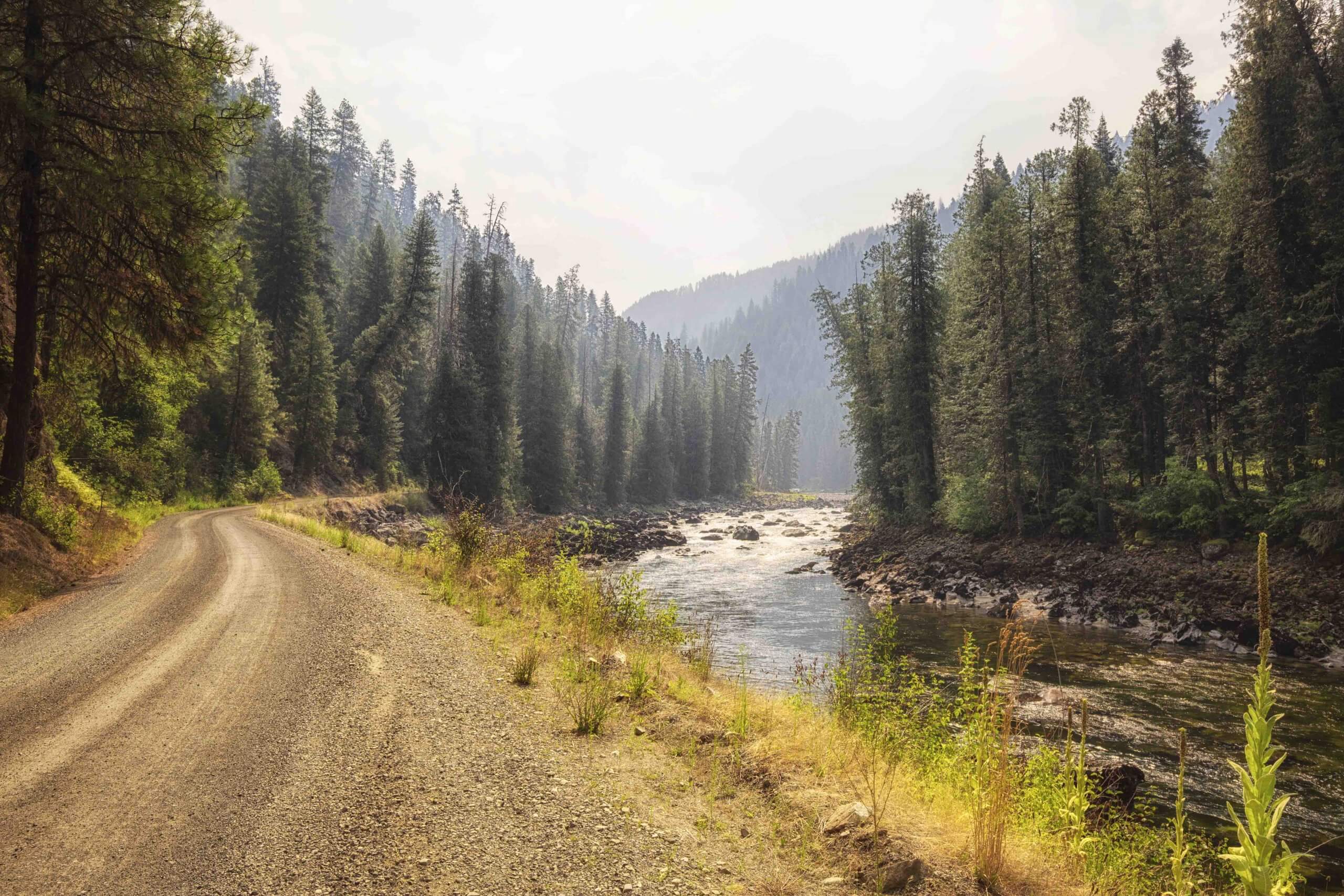 Road following the bends in the river.