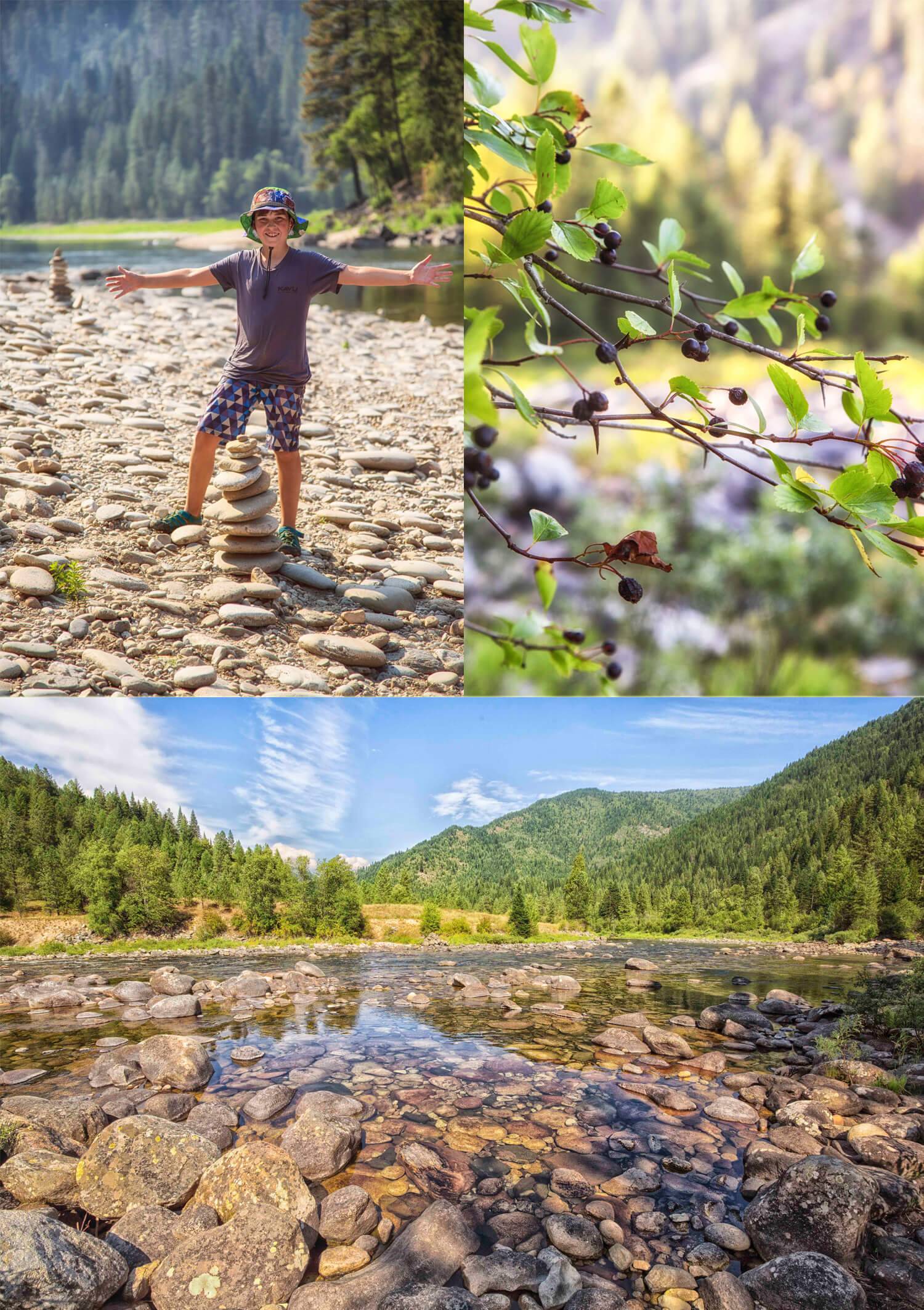 Photo collage of rock tower built by son, river and mountain view, local plants.