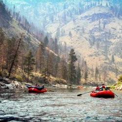 Red rafts headed down the Middle Fork of the Salmon River in Idaho as rugged mountains rise in the distance.