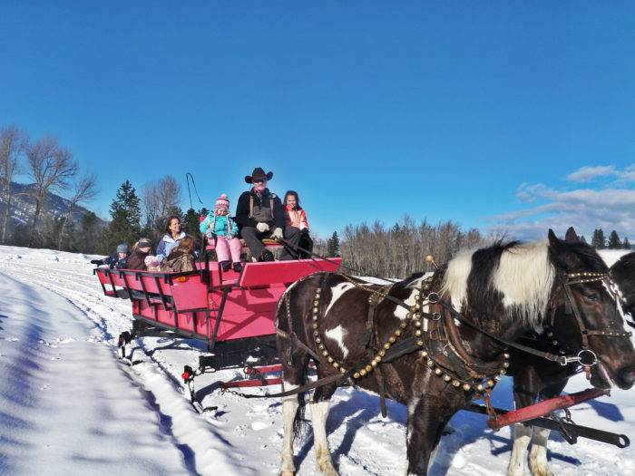 A family on a winter sleigh ride with clear skies behind them.