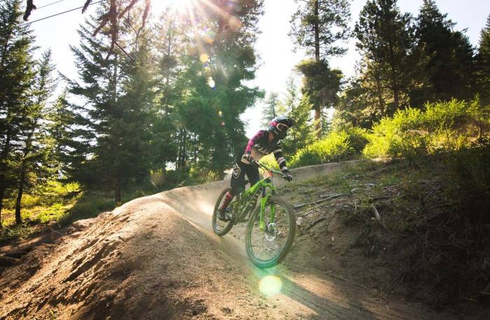 A mountain biker rides down a switchback at Bogus Basin Mountain Recreation Area.