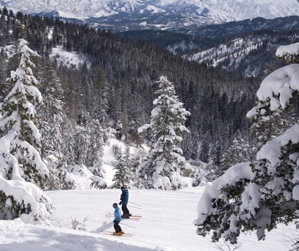 Skiers headed down a run filled with powder.