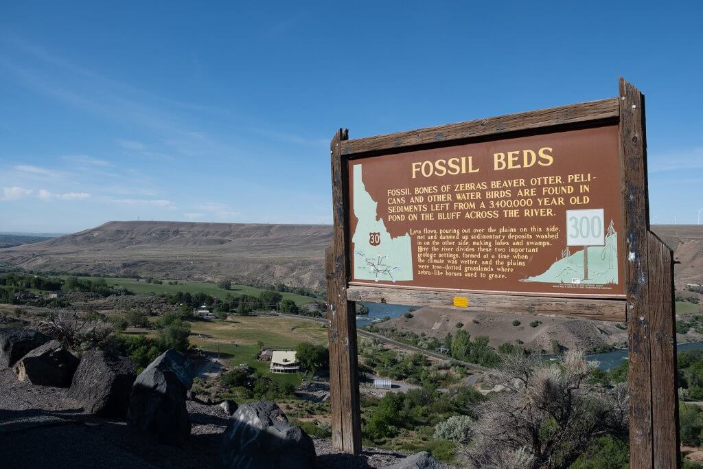 A wooden informational sign for Hagerman Fossil Beds.