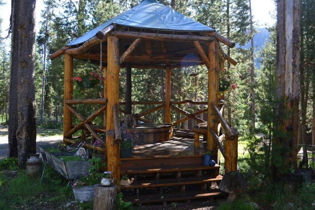 A wooden gazebo.