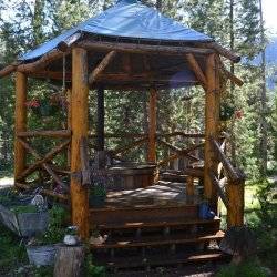 A wooden gazebo.