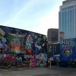 Murals on building walls in Freaky Alley.