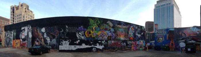 The Freak Alley mural in downtown Boise featuring various artists.