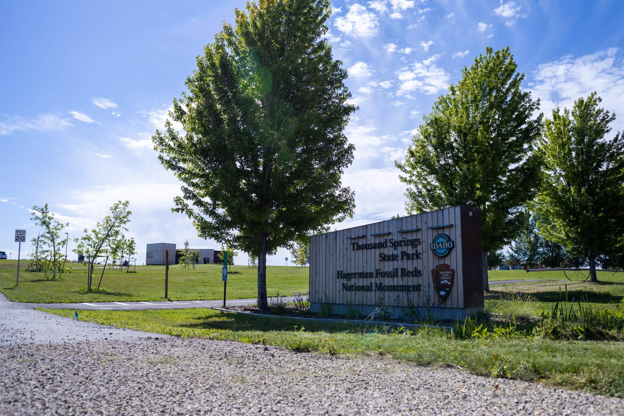 Signage marking the Thousand Springs State Park and Hagerman Fossil Beds Visitor Center.