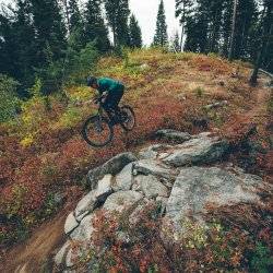 A mountain biker jumps over rocks at Jug Mountain Ranch.