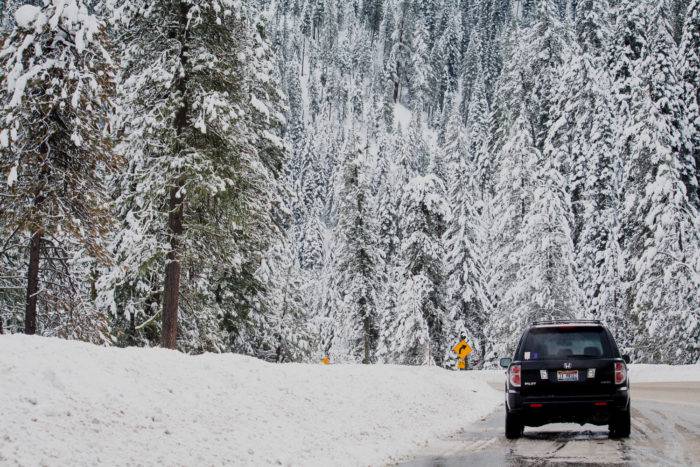 A car driving along the Payette River Scenic Byway during winter, surrounded by snow-covered trees.