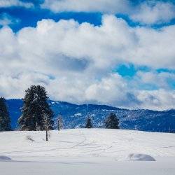 A mountainous landscape in the winter.