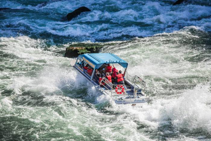 A jetboat cruising down a river.