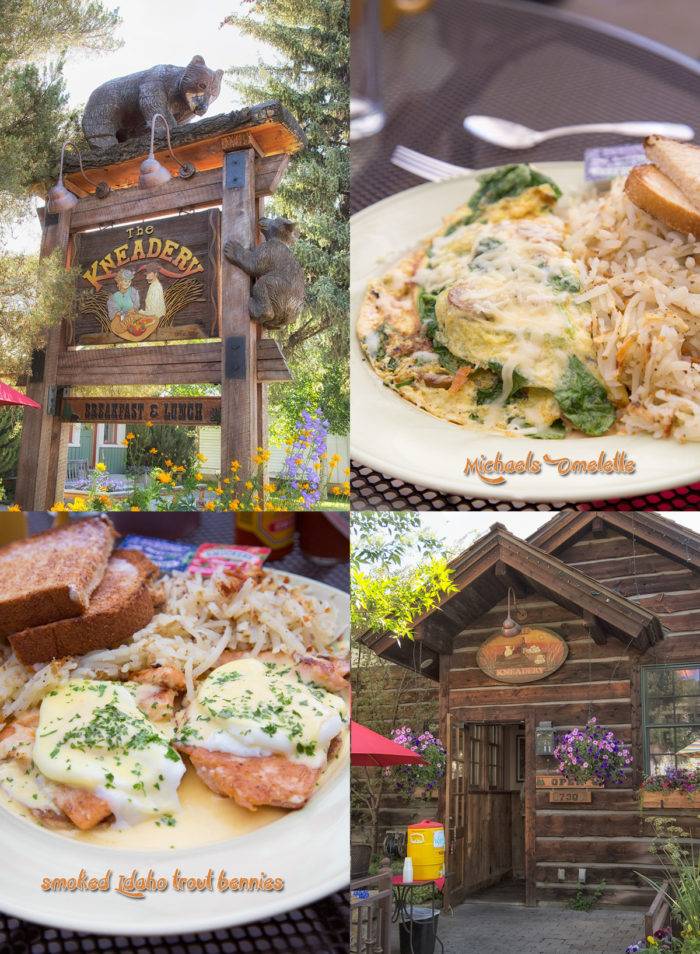 Collage: two plates filled with delicious breakfast items, the rustic building and signage