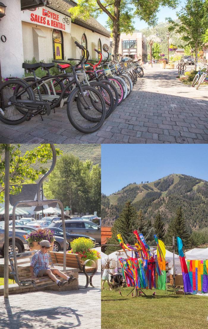 Collage: bikes, art festival with Sun Valley's Bald Mountain in background, child sitting on an old ski lift chair in a downtown park.