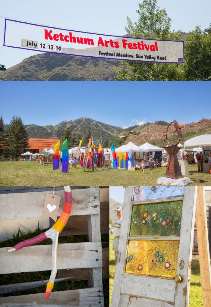 Collage: colorful banners, antler art and glassworks at the Ketchum Arts Festival.