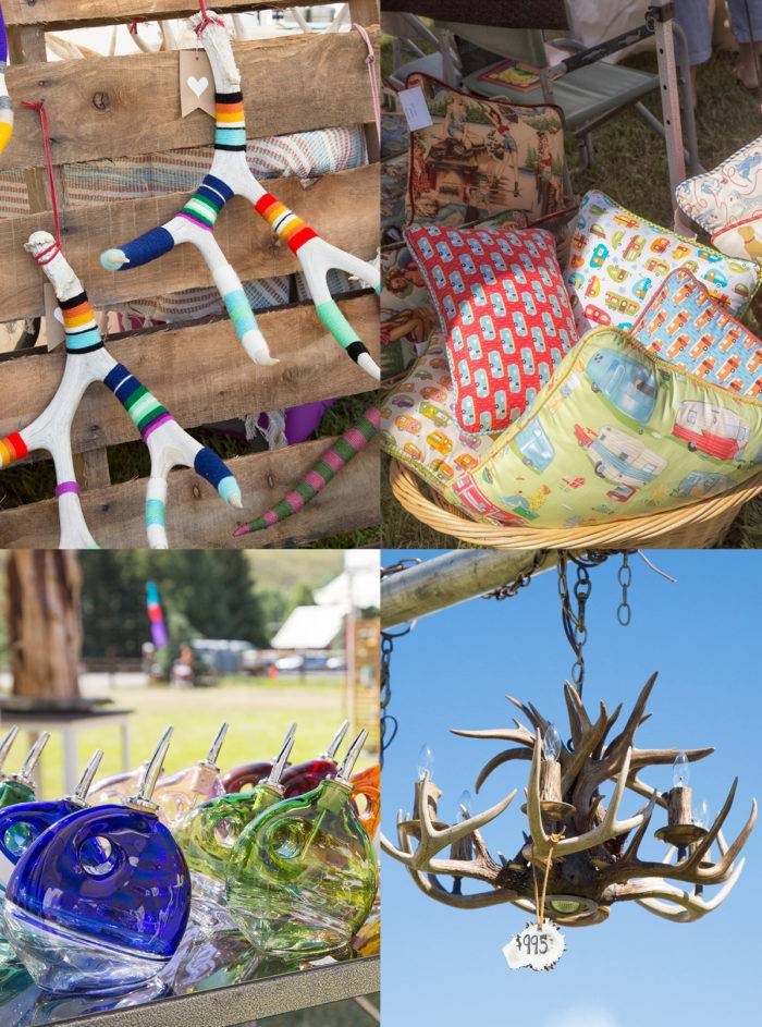 Collage: colorful antler art and pillows, glass decanters and antler chandeliers.