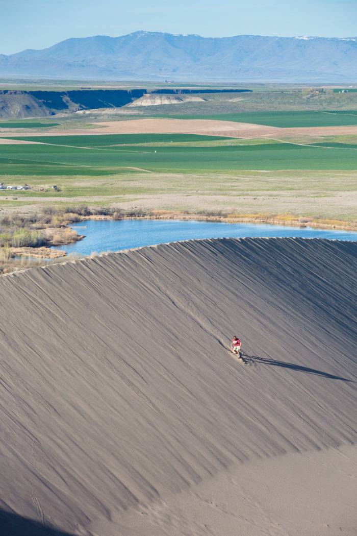 Man sandboarding down sand dune.