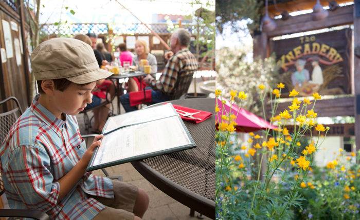 Collage: diners at The Kneadery, sign, flowers