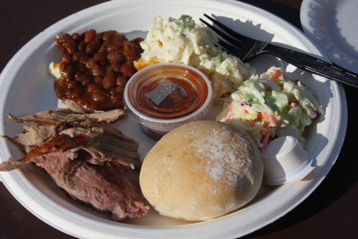 Plate of BBQ food.