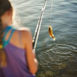 A girl reeling in a fish at the CJ Strike Reservoir.