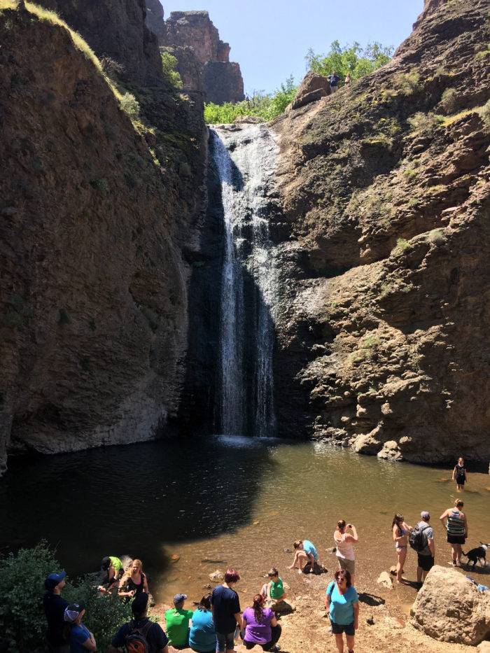 A group of people playing in the water at a waterfall.