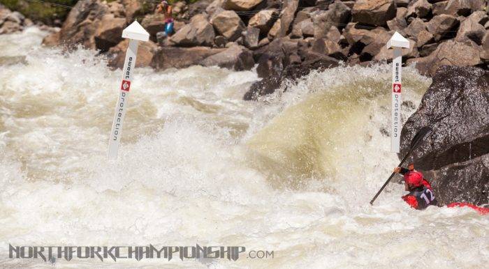 Rush Sturges getting ready for the "man surf" to gate 2 at Rock Drop in Jacob's Ladder during the North Fork Championship 2013. Photo Credit: Mike Leeds.