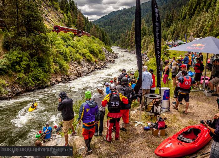 Crowd watching kayaker on Payette River.