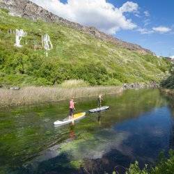 Two women paddle boarding in a river.