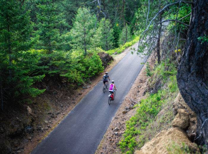 2 Cyclists riding on a paved path through the forest