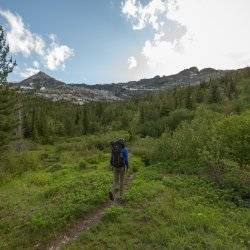 man hiking in green mountains