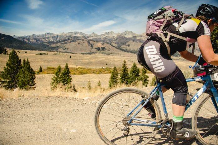 Rider wearing shorts emblazoned with IDAHO on the leg.