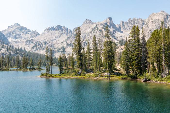 mountain lake surrounded by trees and mountains in the background