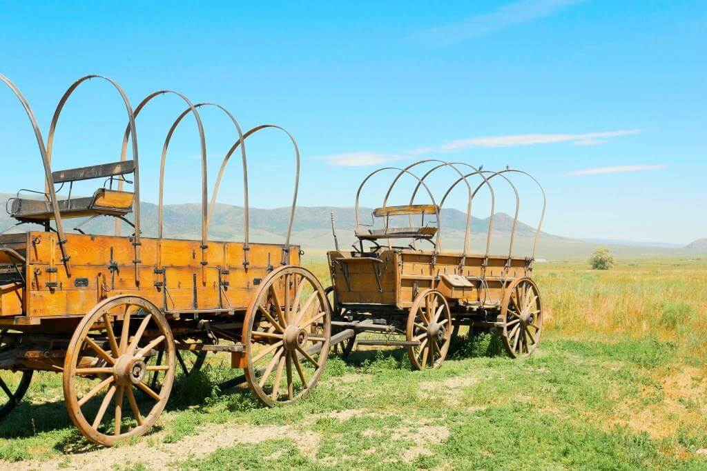 Historic covered wagons on a grassy plain with distant mountains in Idaho.