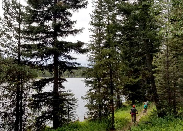 Two cyclists riding along a lake.