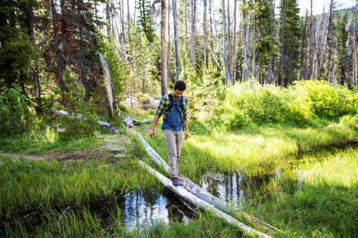 A group of friends hiking along Fishhook Creek Trail near Redfish Lake.