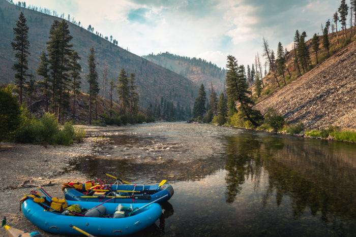 raft sits along the banks of the middle fork of the salmon river