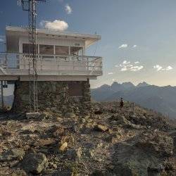 fire lookout overlooking mountain range