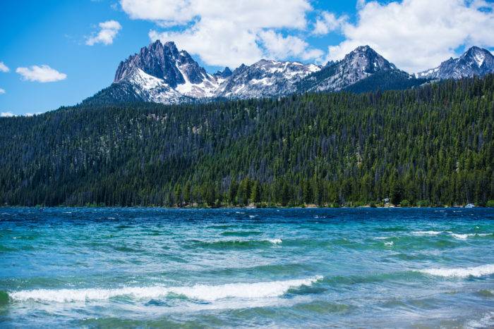 Waves crash on the beach of Redfish Lake.